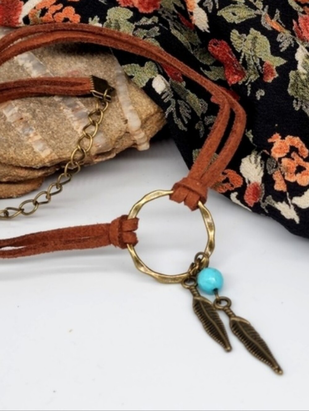 FP Jewelry Leather Choker Turquoise Pendant Feather Antique Gold Necklace